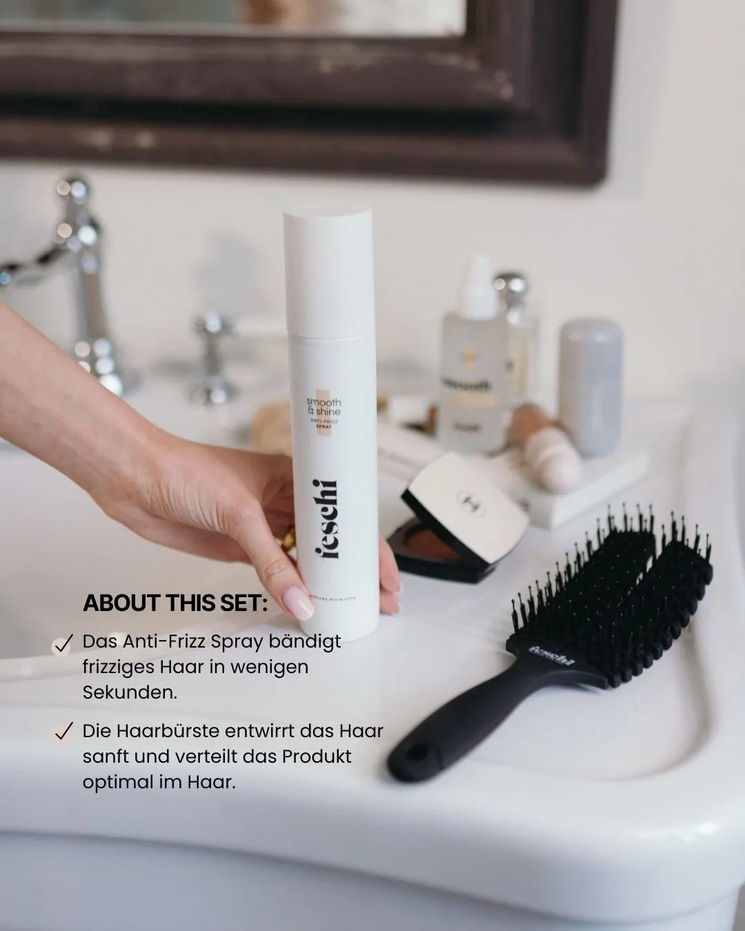 Ein Produkt Foto vom Anti Frizz Duo von feschi und Infotext darauf