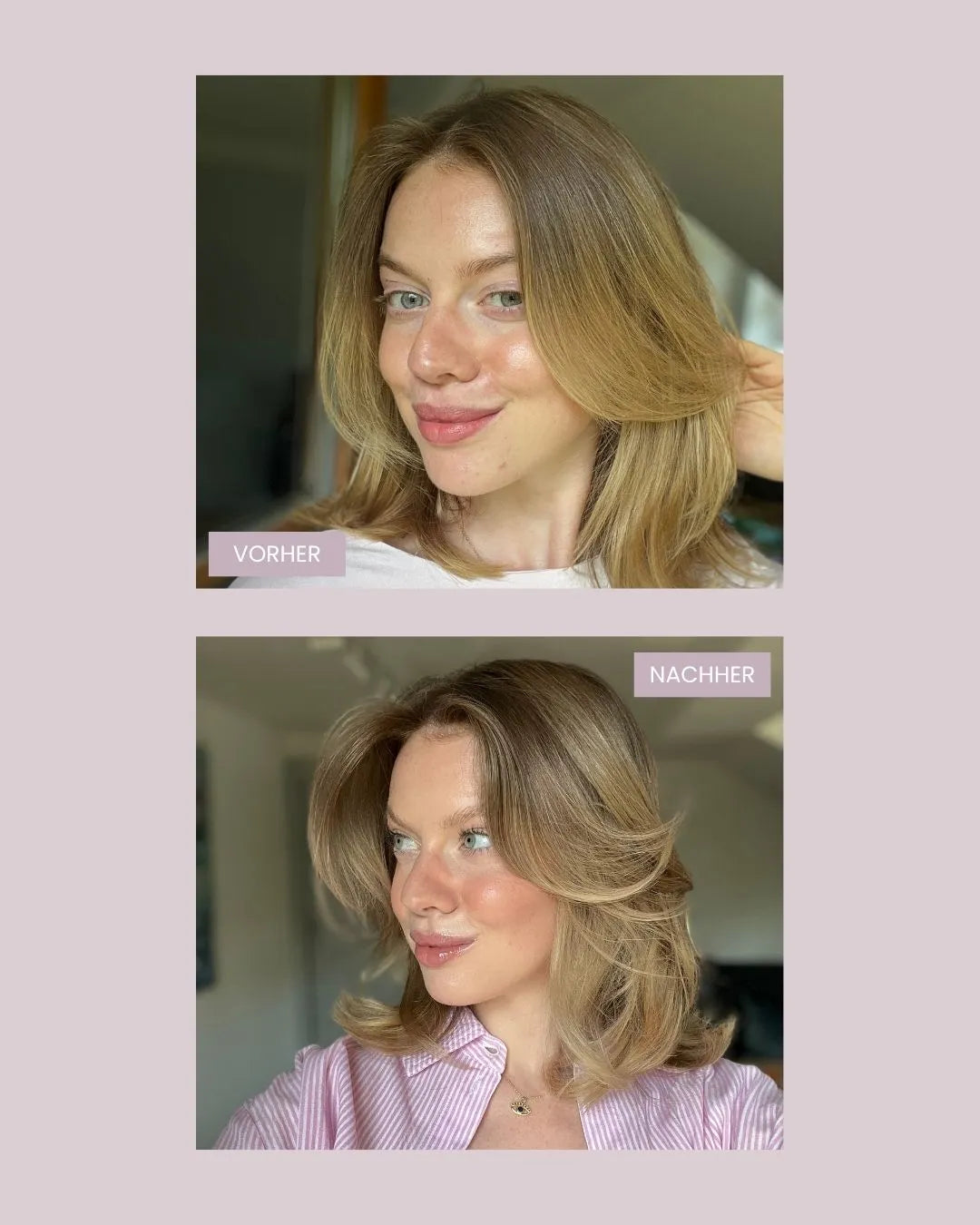 Vorher Nachher Abbildung von einer Frau mit blonden Haaren, die die feschi Silver Produkte verwendet hat