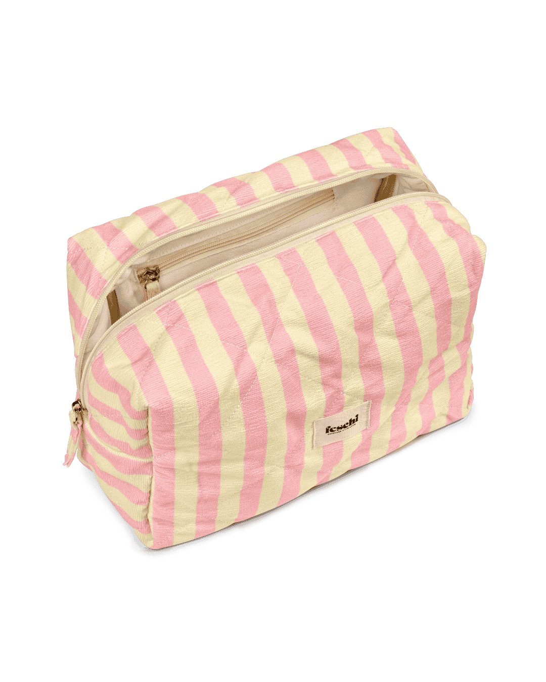 Produktbild von einer großen gelb-rosa gestreiften Kosmetikbag von feschi von leicht schrägem Winkel