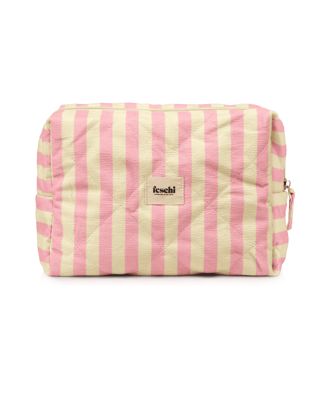 Produktbild von einer großen gelb-rosa gestreiften Kosmetikbag von feschi von frontal vorne