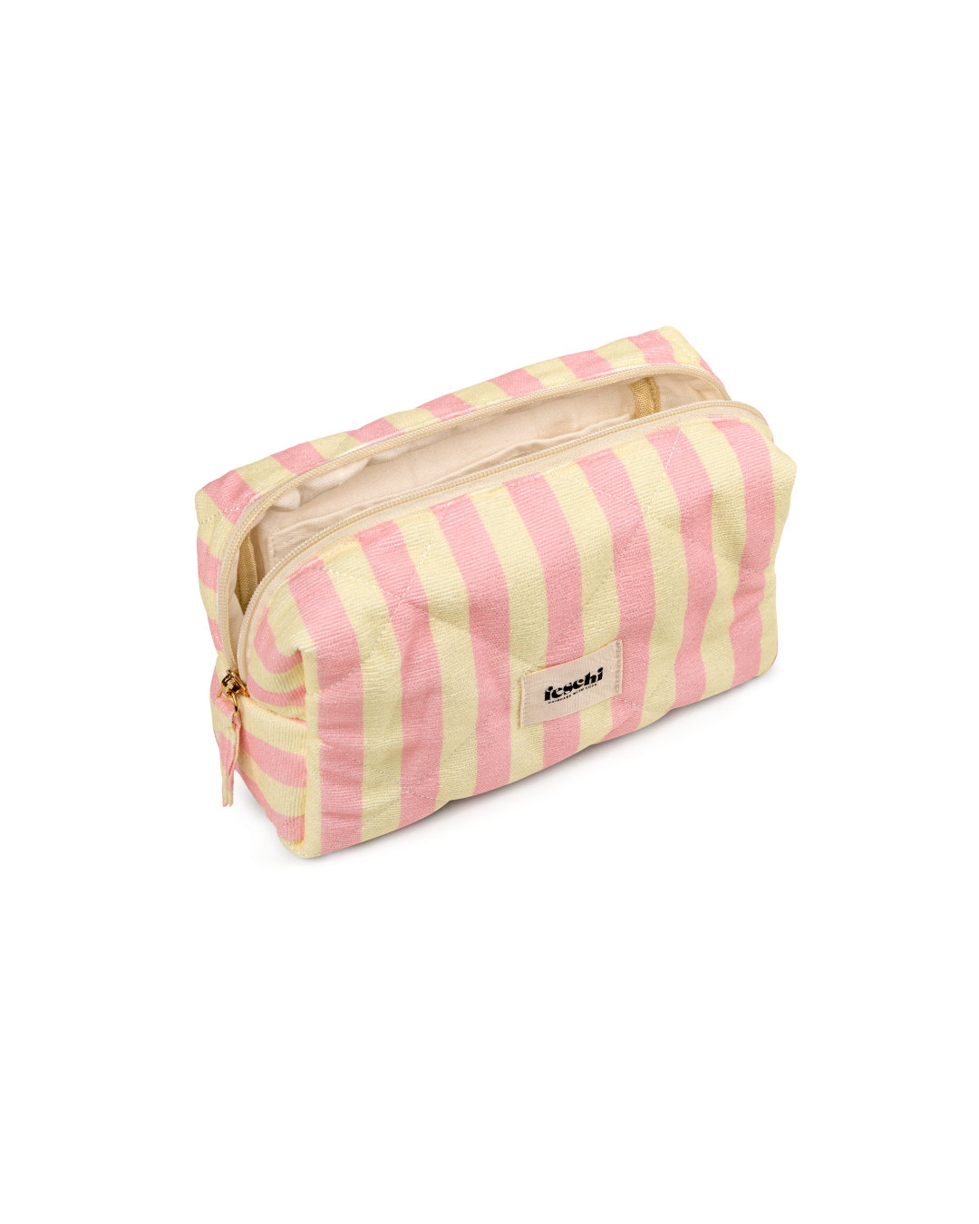 Produktbild von einer kleinen gelb-rosa gestreiften Kosmetikbag von feschi von leicht schrägem Winkel