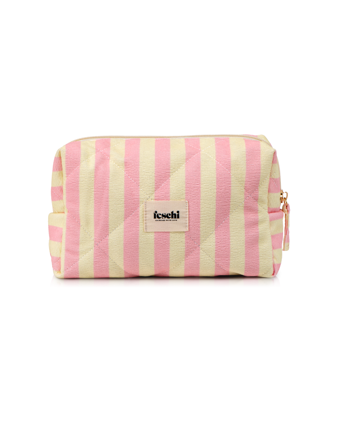 Produktbild von einer kleinen gelb-rosa gestreiften Kosmetikbag von feschi von leicht schrägem Winkel