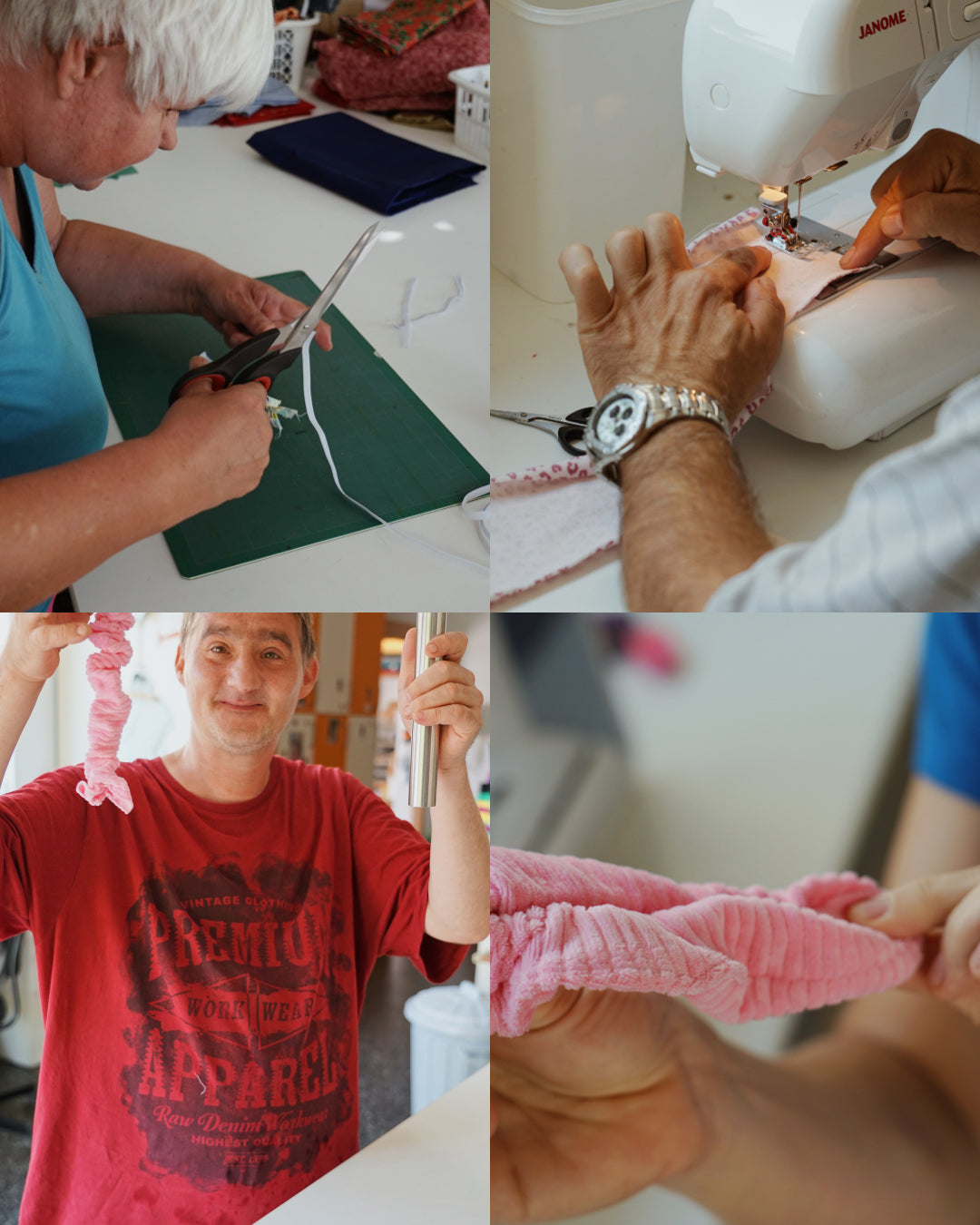 Collage von verschiedenen Arbeitsschritten, die notwendig sind, um das feschi x Caritas Scrunchie herzustellen