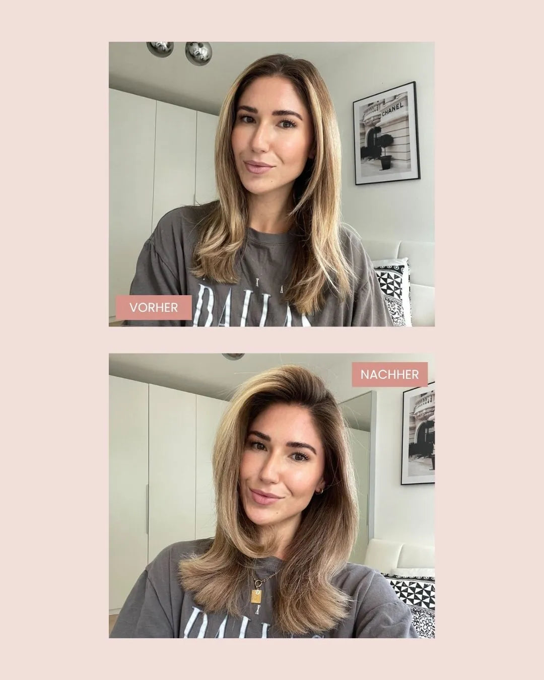 Ein Vorher-Nachher-Bild einer Frau, im Bezug auf das feschi Bestseller-Produktset