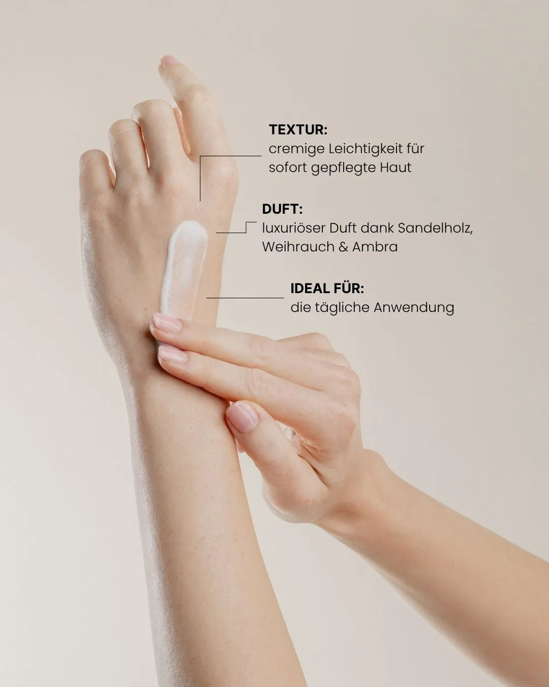 Aufgetragene feschi Body Lotion auf dem Arm - samtige Textur, ideal für die tägliche Pflege trockener Haut.