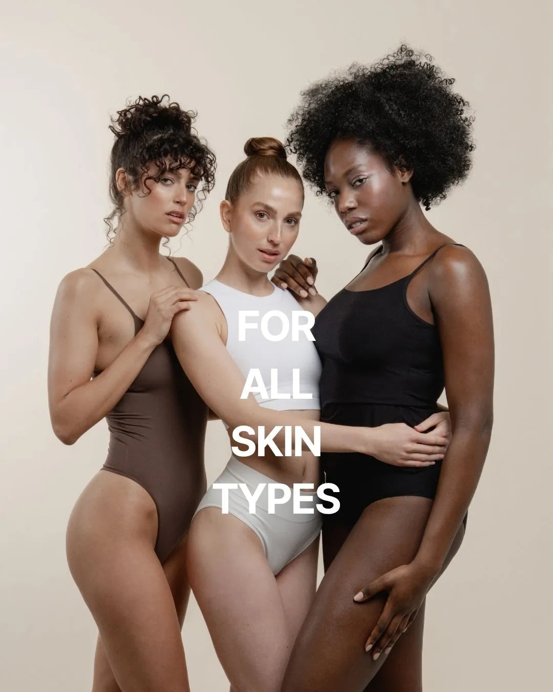 Drei Frauen mit unterschiedlichen Hauttönen zeigen: feschi Body Lotion ist für jeden Hauttyp geeignet.