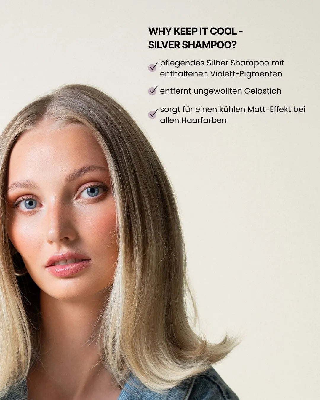 Blonde Frau hält feschi Keep It Cool Silber Shampoo – gegen unerwünschten Gelbstich