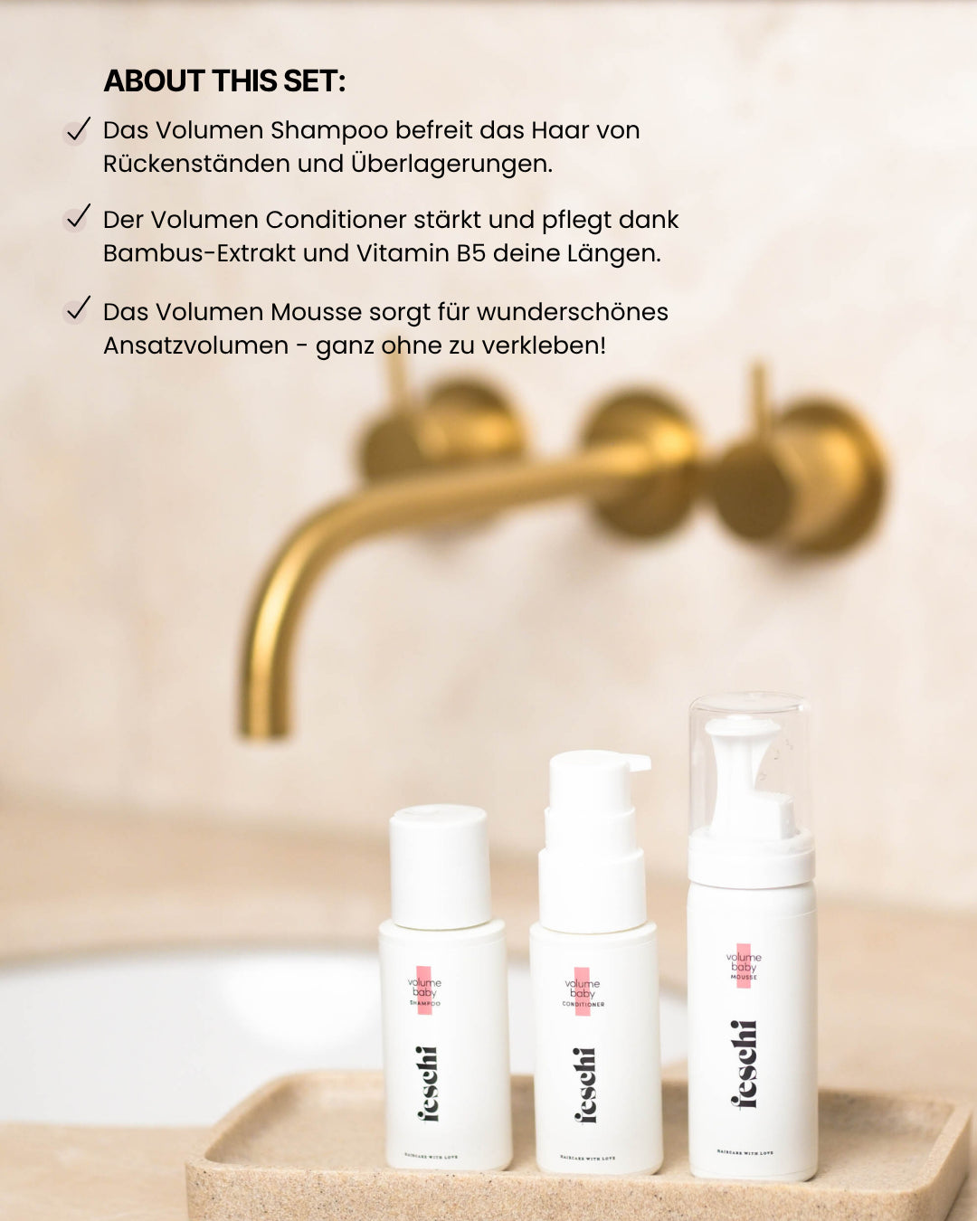 Drei Produkte in Reisegröße von feschi auf Badezimmer-Armatur