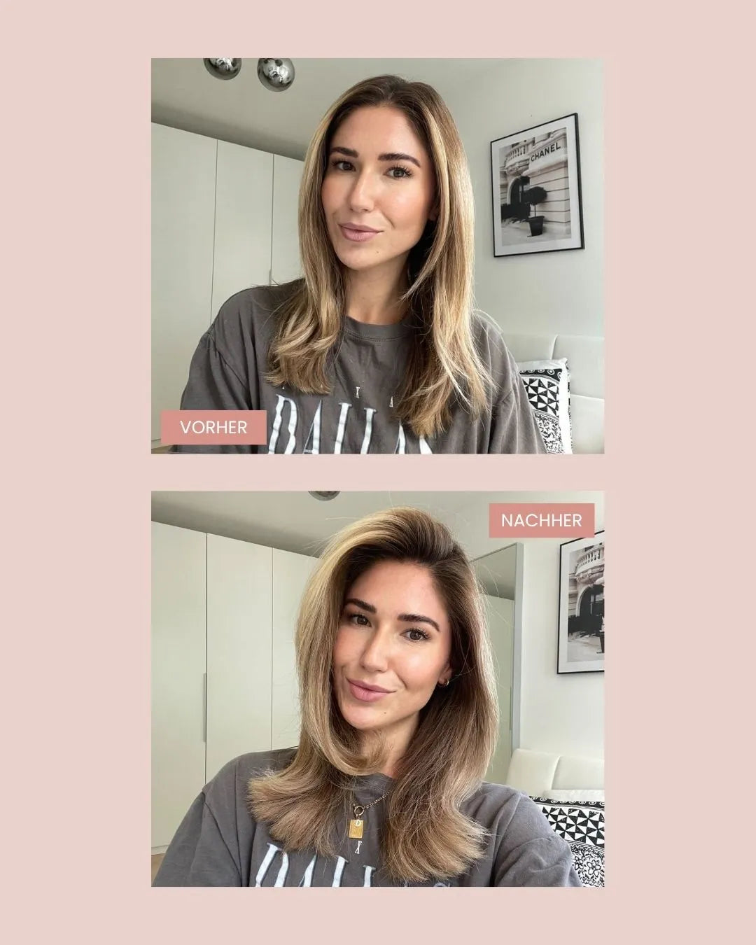 Vorher Nachher Abbildung nach Anwendung des Trockenshampoo Schaums von feschi