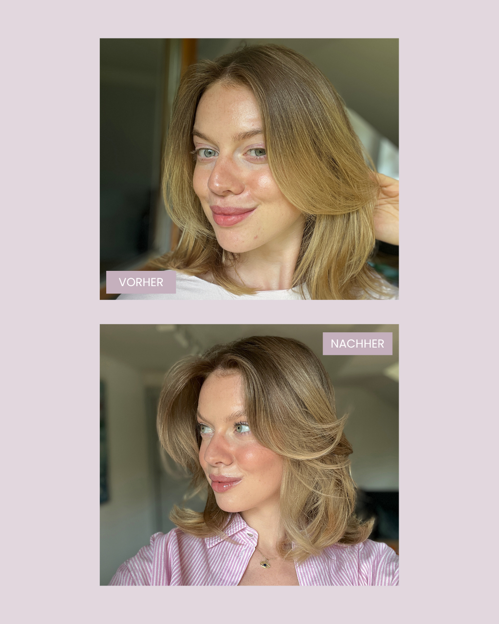 Vorher Nachher Abbildung von einer Frau mit blonden Haaren, die die feschi Silver Produkte verwendet hat