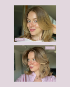 Vorher Nachher Abbildung von einer Frau mit blonden Haaren, die die feschi Silver Produkte verwendet hat