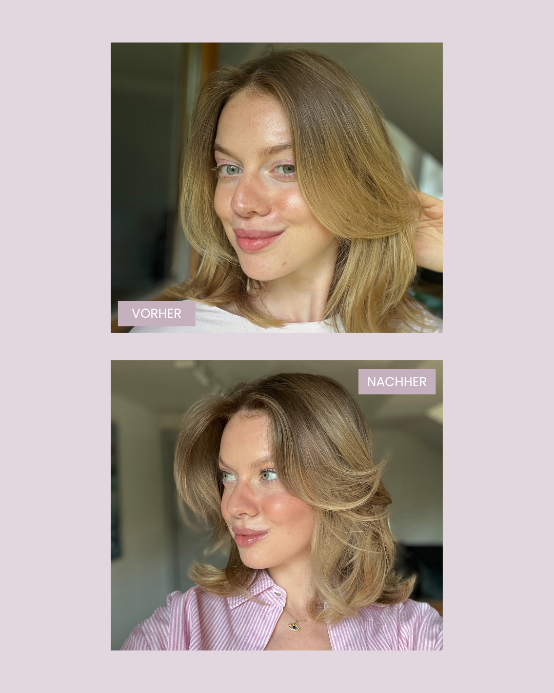 Vorher Nachher Abbildung von einer Frau mit blonden Haaren, die die feschi Silver Produkte verwendet hat
