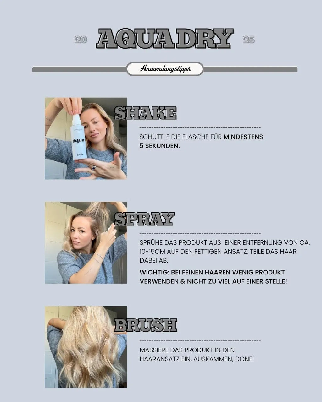 Infografik mit Anwendungstipps zum aqua dry - Trockenshampoo Liquid von feschi