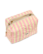 Produktbild von einer großen gelb-rosa gestreiften Kosmetikbag von feschi von leicht schrägem Winkel