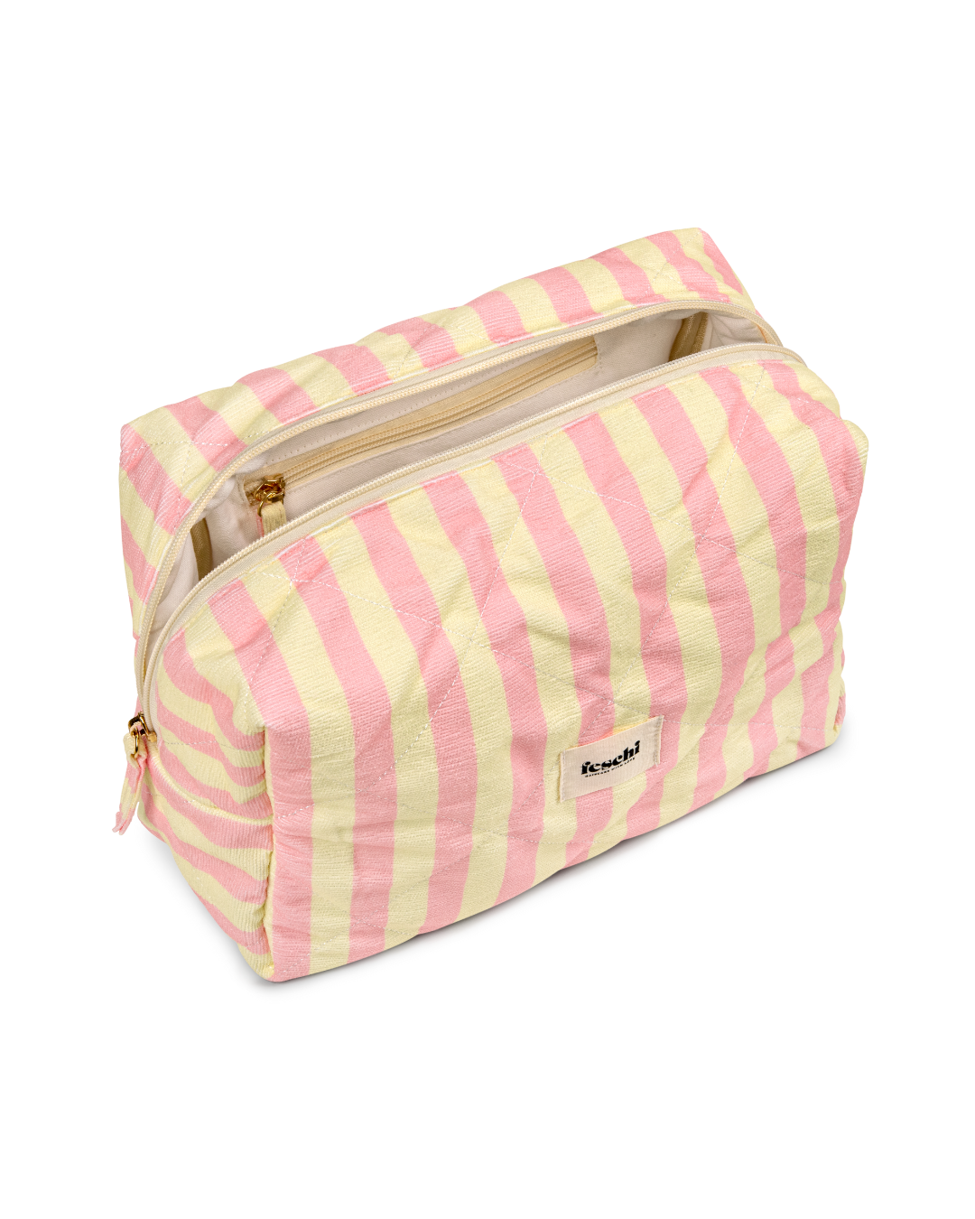 Produktbild von einer großen gelb-rosa gestreiften Kosmetikbag von feschi von leicht schrägem Winkel