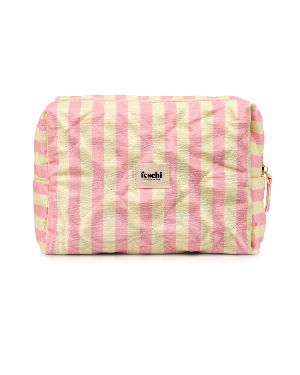 Produktbild von einer großen gelb-rosa gestreiften Kosmetikbag von feschi von frontal vorne