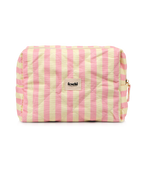 Produktbild von einer großen gelb-rosa gestreiften Kosmetikbag von feschi von frontal vorne