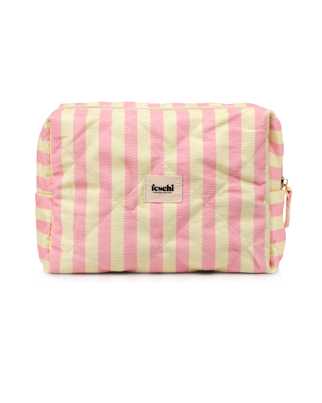 Produktbild von einer großen gelb-rosa gestreiften Kosmetikbag von feschi von frontal vorne