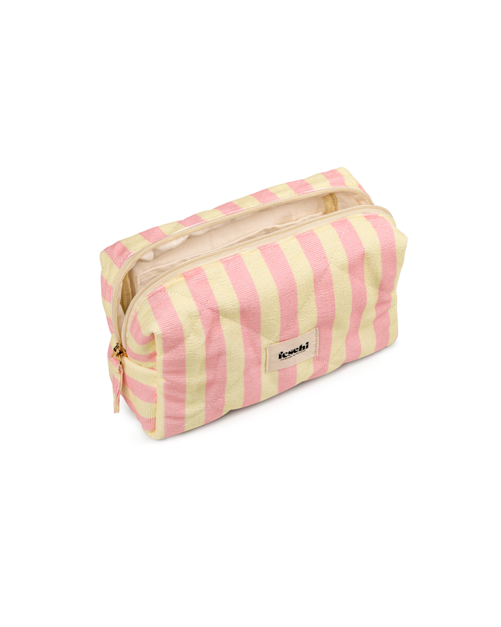 Produktbild von einer kleinen gelb-rosa gestreiften Kosmetikbag von feschi von leicht schrägem Winkel