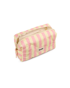 Produktbild von einer kleinen gelb-rosa gestreiften Kosmetikbag von feschi von leicht schrägem Winkel
