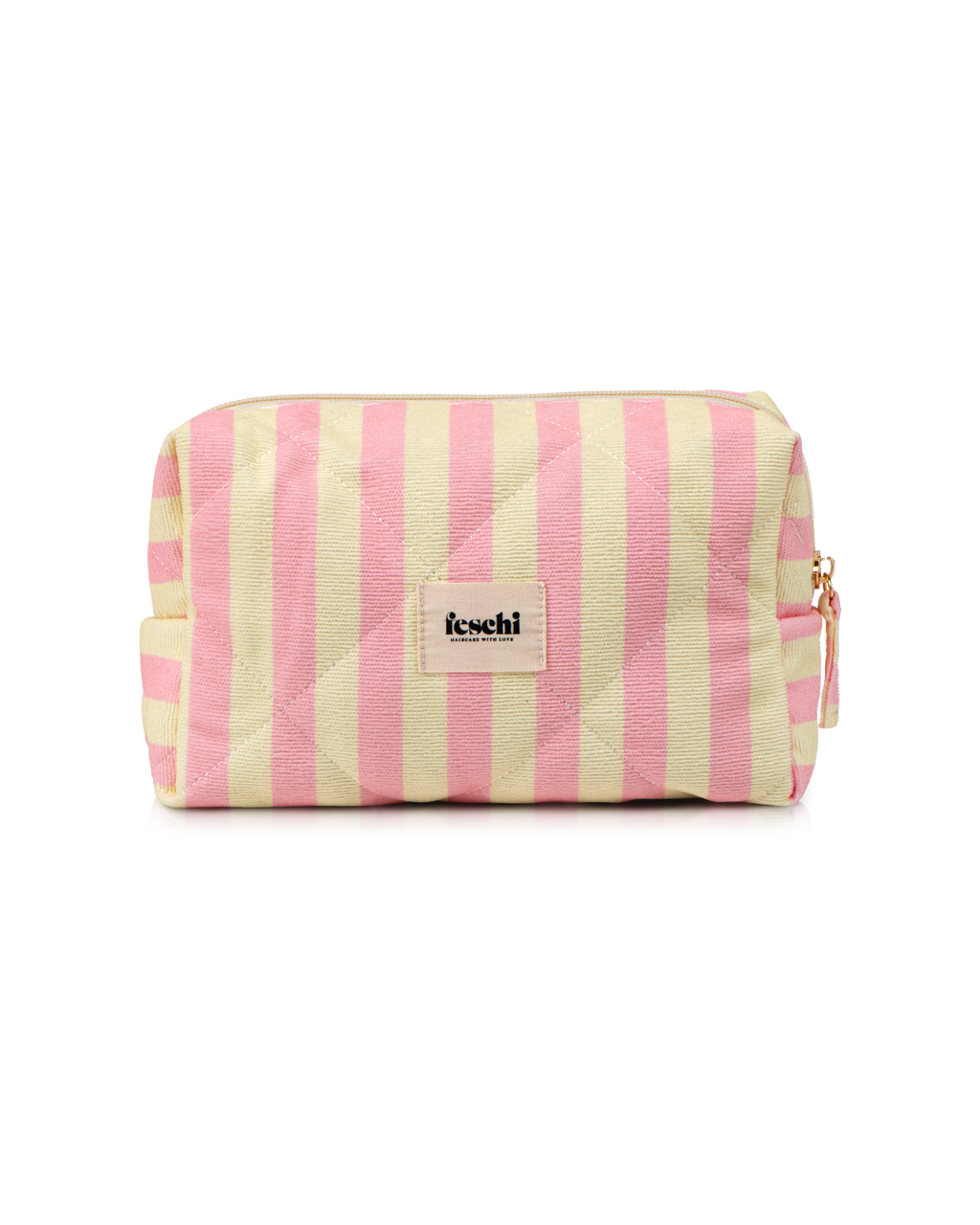 Produktbild von einer kleinen gelb-rosa gestreiften Kosmetikbag von feschi von leicht schrägem Winkel