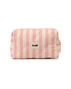 Produktbild von einer kleinen gelb-rosa gestreiften Kosmetikbag von feschi von leicht schrägem Winkel