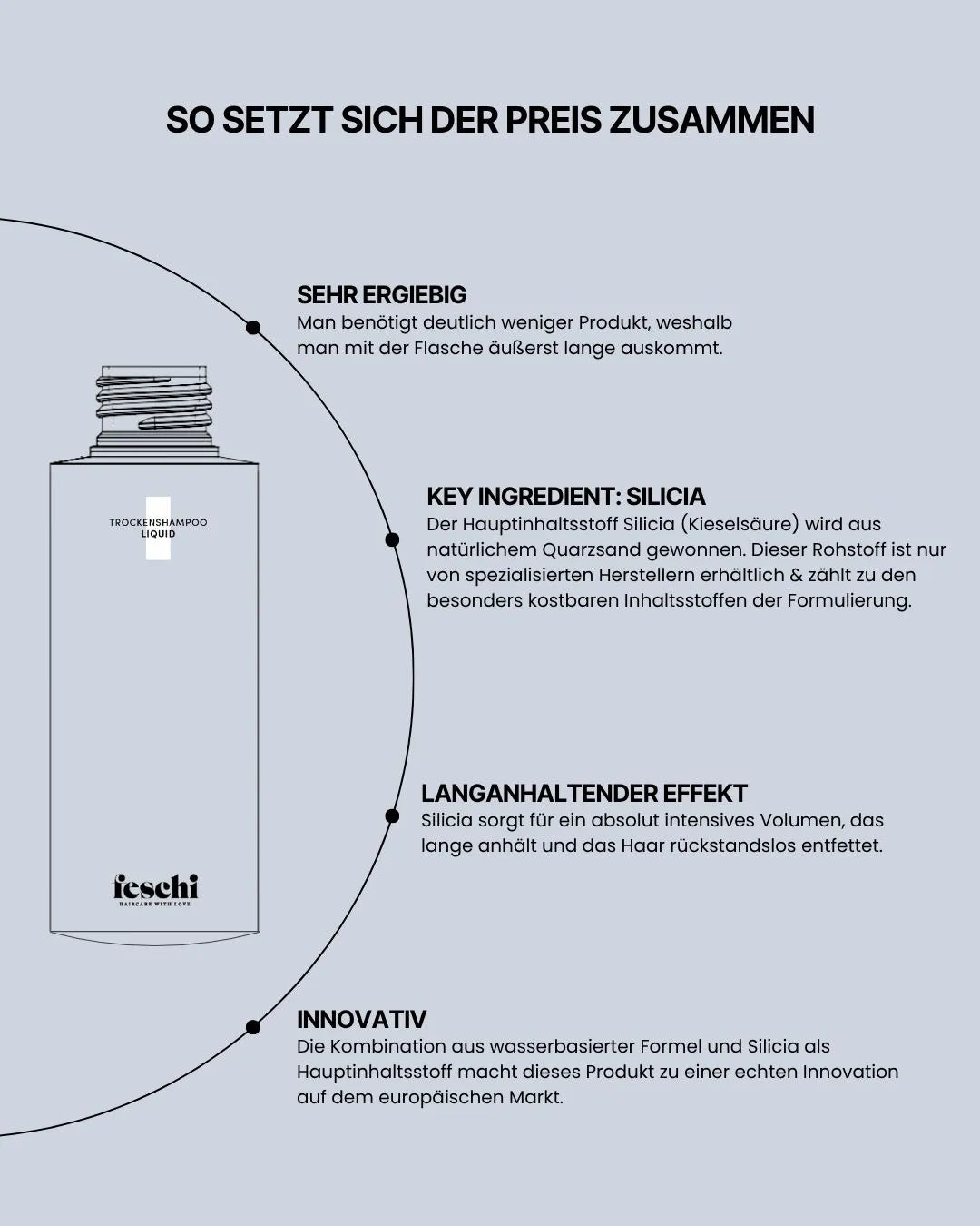 Infografik, wie sich der Preis vom Trockenshampoo Liquid von feschi zusammensetzt