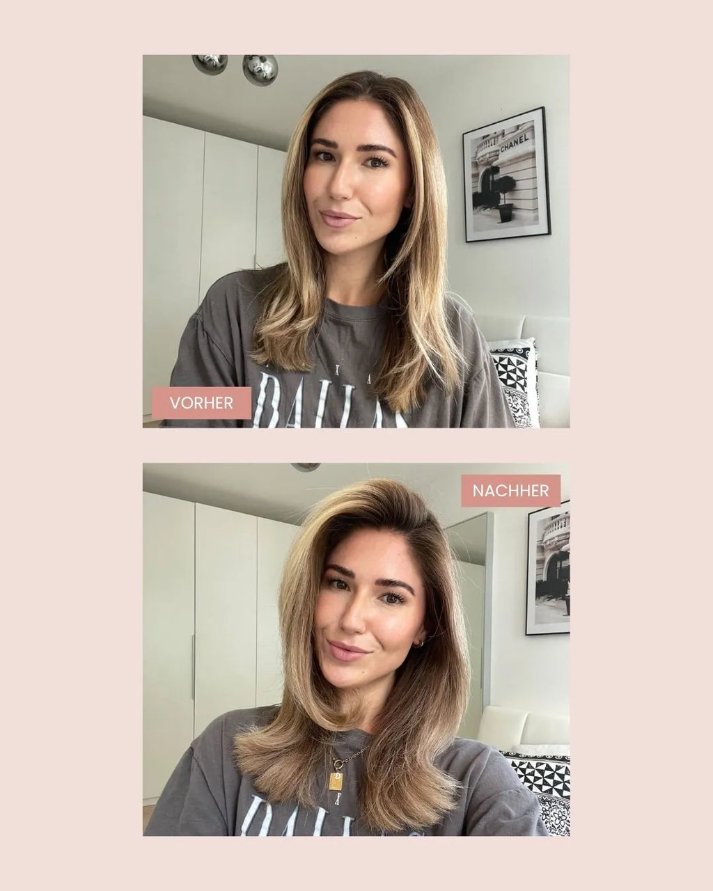 Ein Vorher-Nachher-Bild einer Frau, im Bezug auf das feschi Bestseller-Produktset