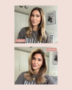 Ein Vorher-Nachher-Bild einer Frau, im Bezug auf das feschi Bestseller-Produktset