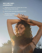 Frau mit Locken hält feschi Curly Baby Lockenspray - Stylingpflege mit Hitzeschutz und Glanzwirkung.