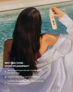 Frau sprüht feschi Daily Dose Leave-In Spray ins Haar - Schutz & Glanz mit feuchtigkeitsspendender Formel.