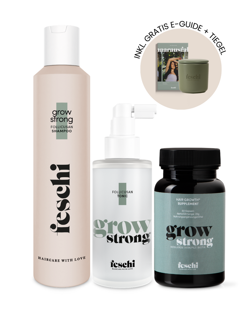 Produktfotografie feschi hairgrowth power Trio mit aktion gratis Tiegel und Haircare Guide