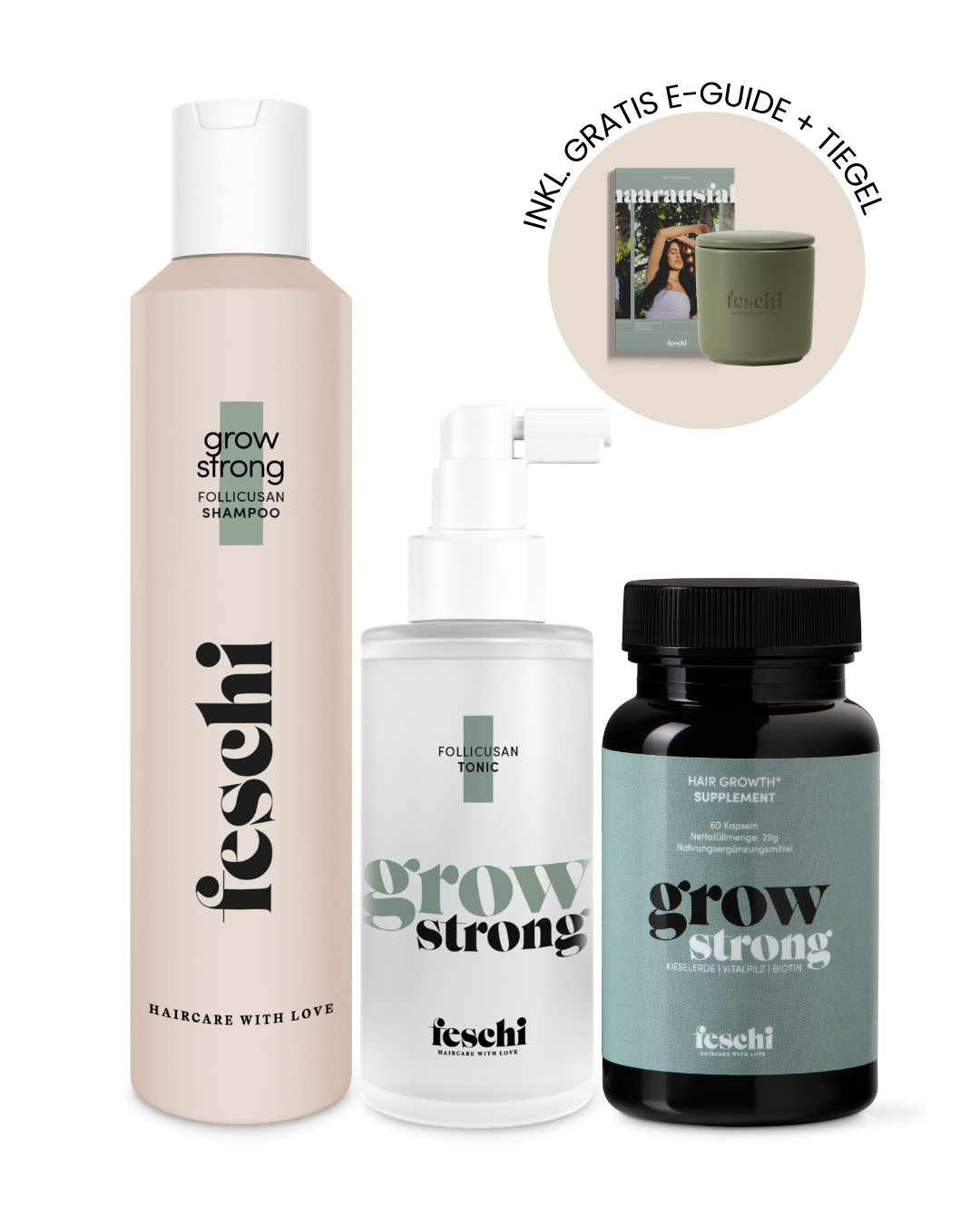 Produktfotografie feschi hairgrowth power Trio mit aktion gratis Tiegel und Haircare Guide