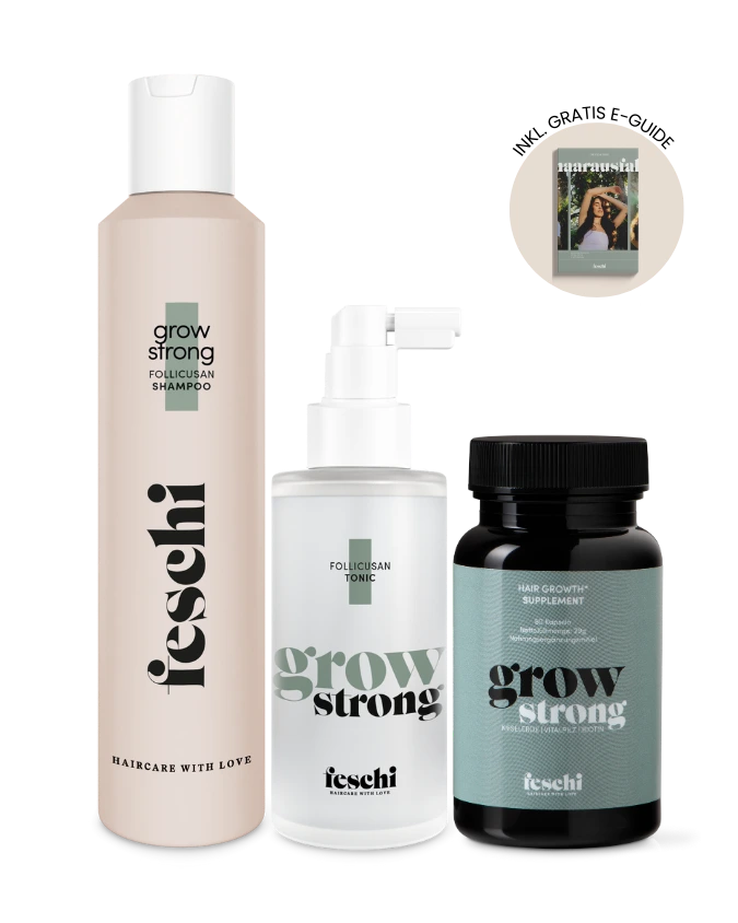 Produktfotografie vom Hairgrowth Power Trio von feschi mit Gratis E-Guide aktion