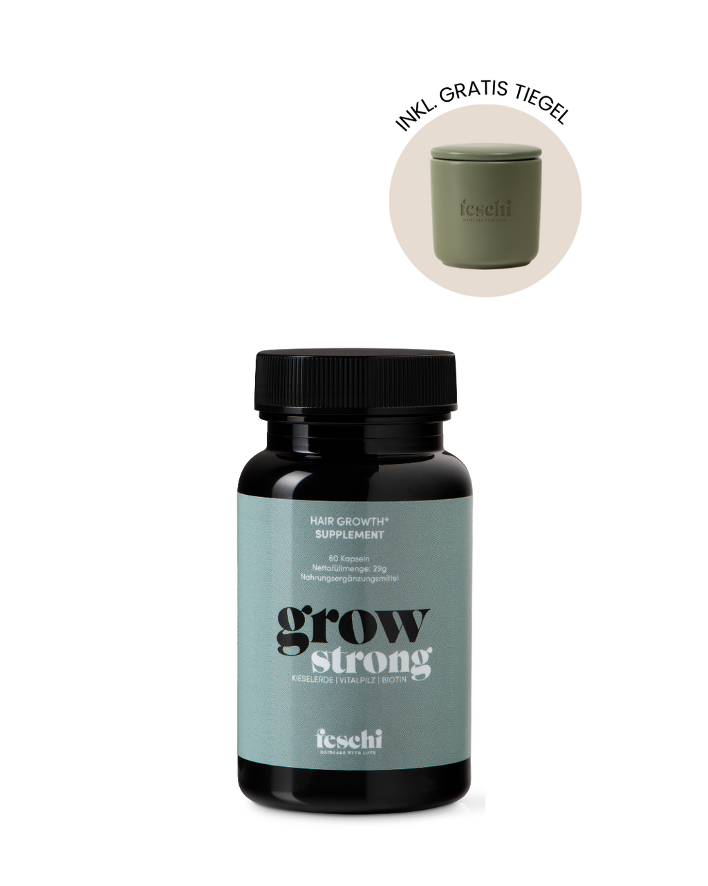 Produktfotografie feschi Supplements mit Gratis Tiegel Aktion