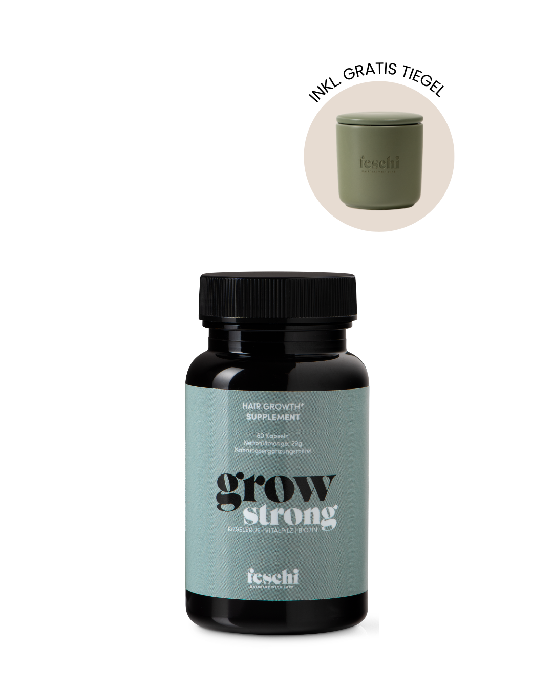 Produktfotografie feschi Supplements mit Gratis Tiegel Aktion