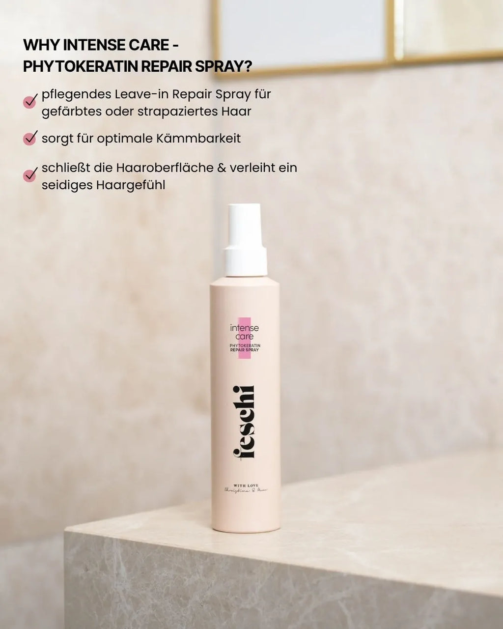 Model präsentiert feschi Intense Care Repair Spray - perfektes Finish für gesund glänzendes Haar