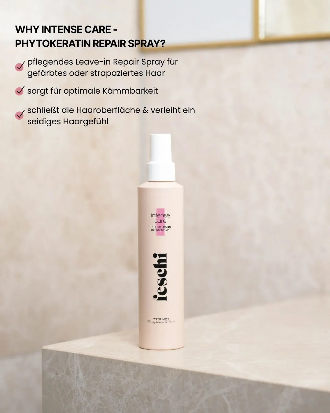 Model präsentiert feschi Intense Care Repair Spray - perfektes Finish für gesund glänzendes Haar