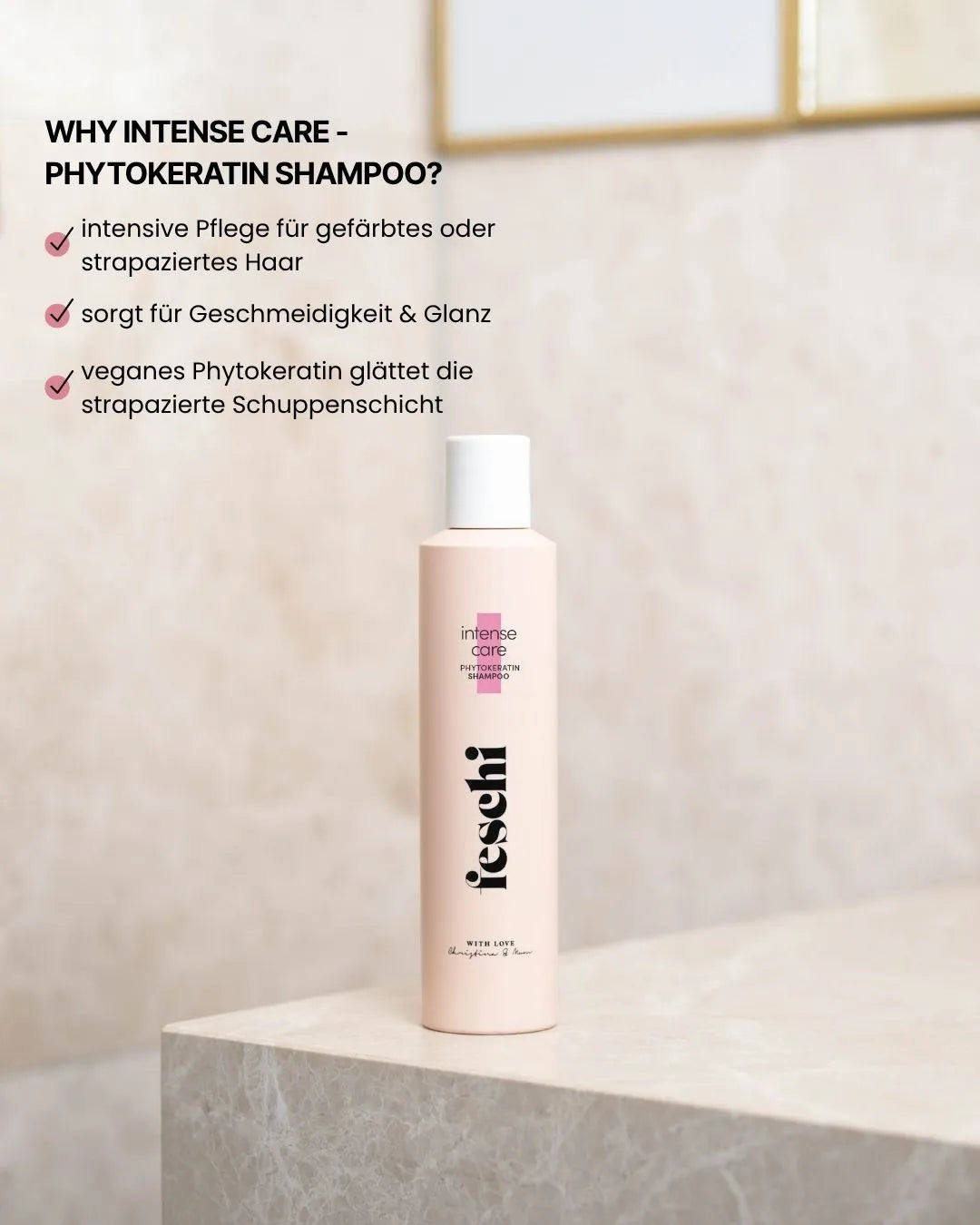 feschi intense care Phytokeratin Shampoo mit Benefits für geschädigtes oder coloriertes Haar auf Marmorplatte