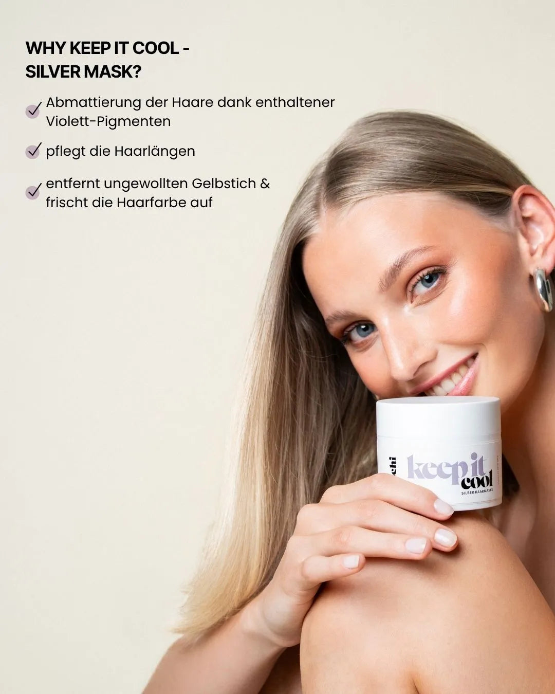 Vorteile der feschi Keep It Cool Silver Mask - entfernt Gelbstich & pflegt blondiertes Haar
