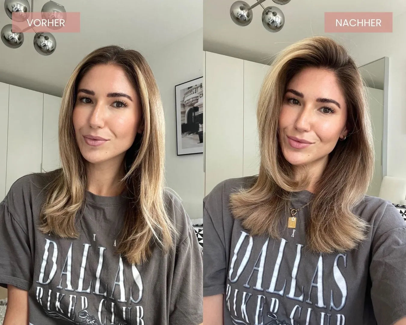 Vorher nachher von Frau, die trockenshampoo schaum von feschi verwendet hat