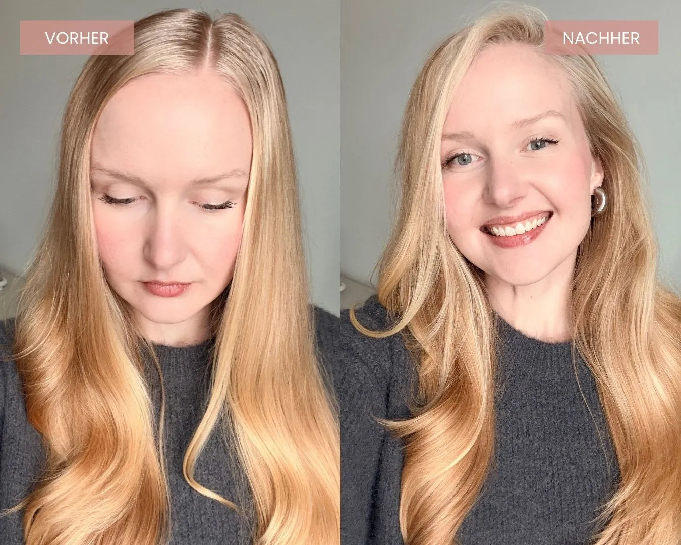 vorher nachher foto von blonder frau, die das aqua dry - trockenshampoo liquid von feschi genutzt hat