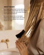 Blonde Frau bürstet sich die nassen Haare und auf dem Bild ist noch Text zu einem Haarpflege Set von feschi zu lesen