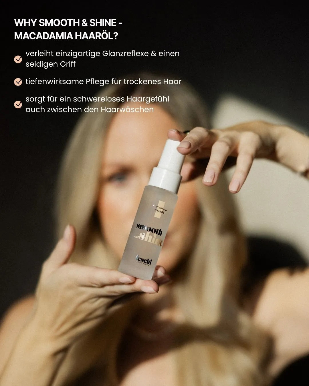 feschi Smooth & Shine Macadamia Haaröl - verleiht Glanz und pflegt trockenes Haar intensiv.
