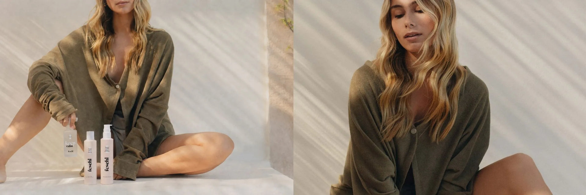 blondes Model sitzt mit sommerlichem grünem Hemd vor Steinwand. feschi keep calm Serie wird vor dem Model präsentiert
