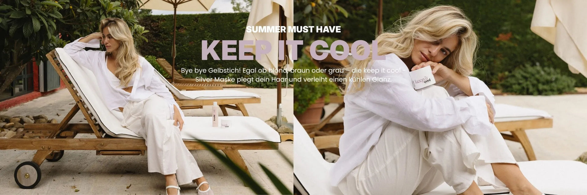 Header für feschi zur keep it cool silver mask. blondes Model sitz in sommerlichen Leinen Outfit auf Poolliege und hält die keep it cool Silver Mask in die Kamera.