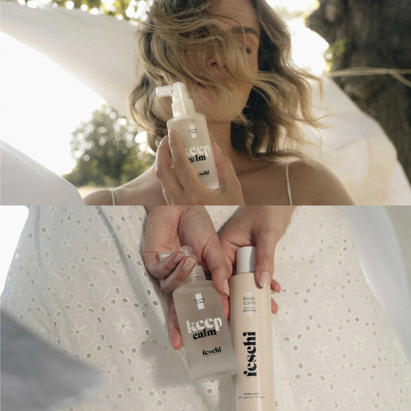 feschi Produkte gegen Schuppen und Juckreiz, die eine Frau in der Hand hält