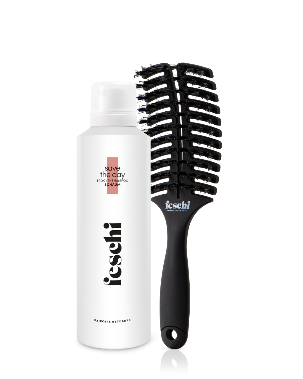 Produktbild vom Trockenshampoo Schaum und der Haarbürste von feschi