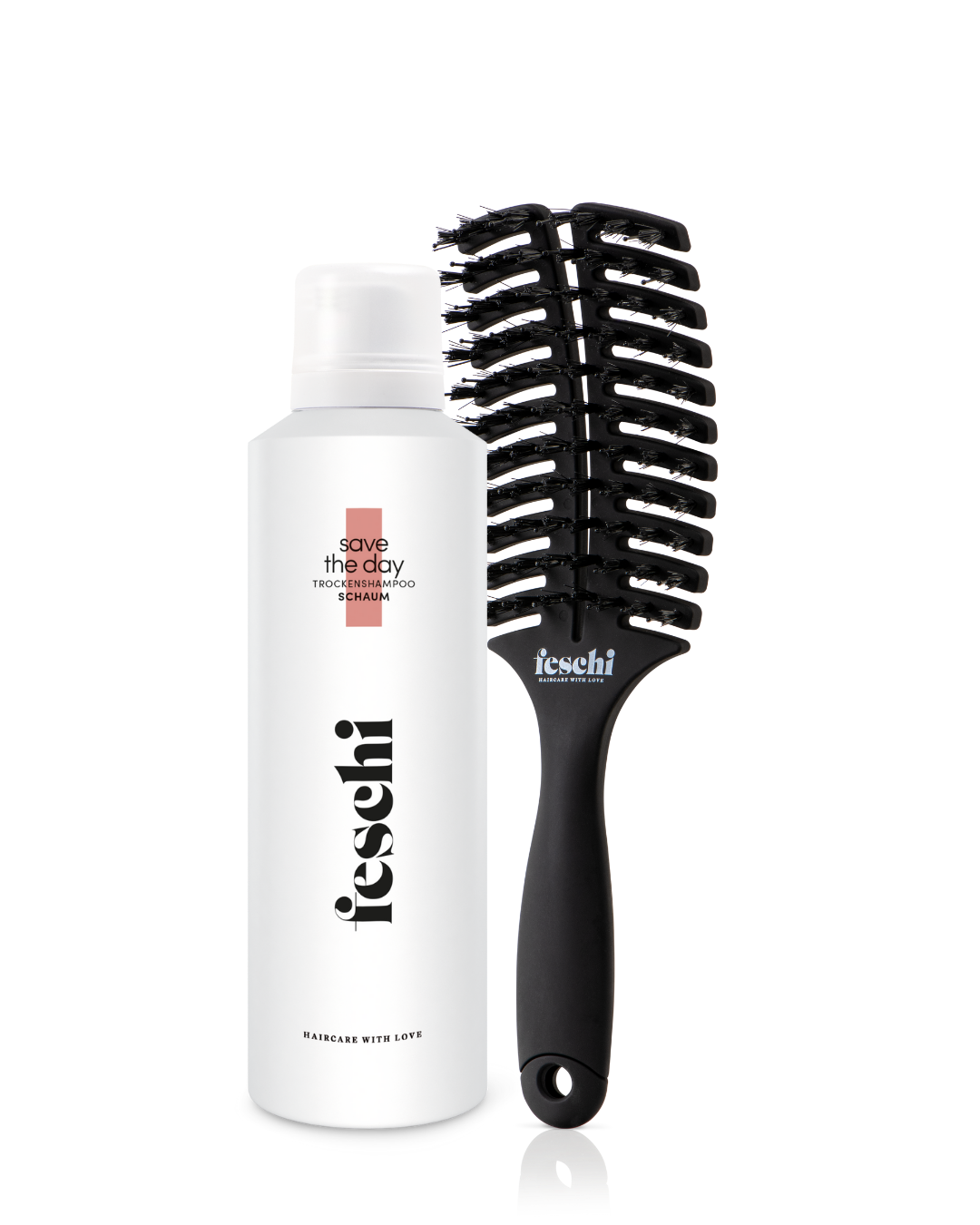 Produktbild vom Trockenshampoo Schaum und der Haarbürste von feschi