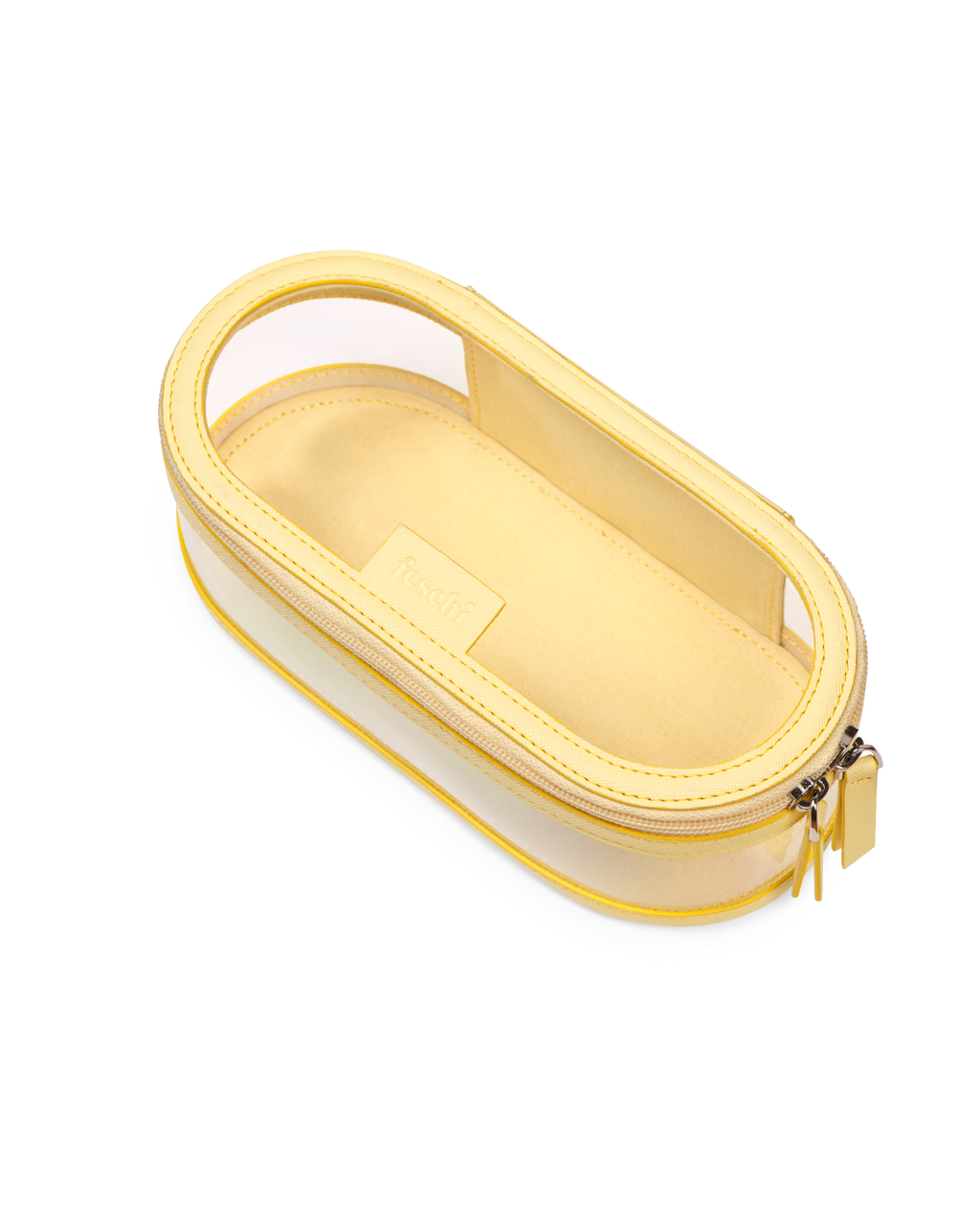 Produktbild der Travel Buddy yellow – Kosmetiktasche von feschi, seitliche Ansicht von oben 